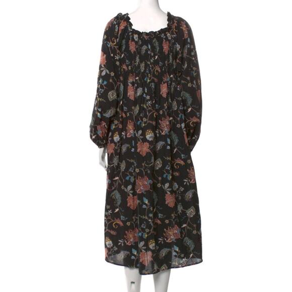 Mille Catherine Black Floral Smocked Bodice Square Neck Midi Dress M - Picture 5 of 8